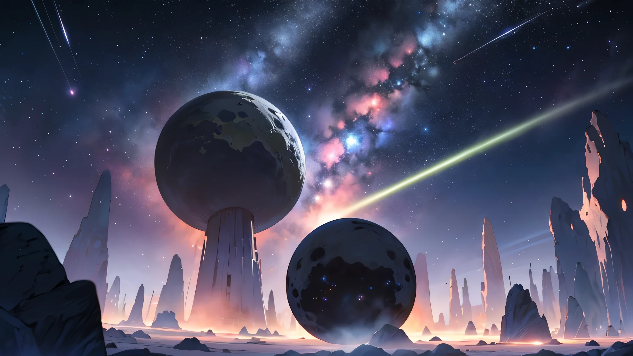 a small planet that has a single tree, floating in the middle of the asteroid belt, surrounded by several asteroids that emitted fiery halos. Dramatic lights from distant stars and planets illuminated the scene, casting deep shadows over the tree.
