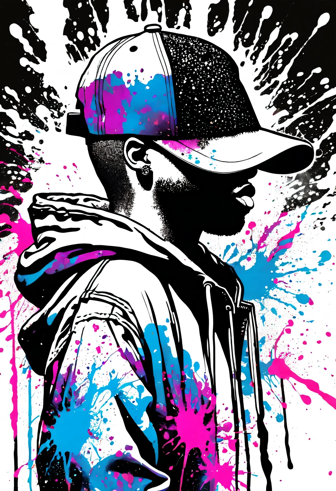 scribble art，ink splatter，wilderness，splash ink painting，abstract，colorful，Vague dreams，Dynamic energy,publish creation，visual impact,modern aesthetic,Elegant and simple,Contemporary interpretation,be bold,black background，Grunge style, A piece of clothing, (Cute sweaty little hedgehog running on skateboard: 1.2), (There are many official documents and glasses inserted in the back), Hip hop fashion design style, ，The moment when ink splatters，Stir up huge colorful waves，Gorgeous