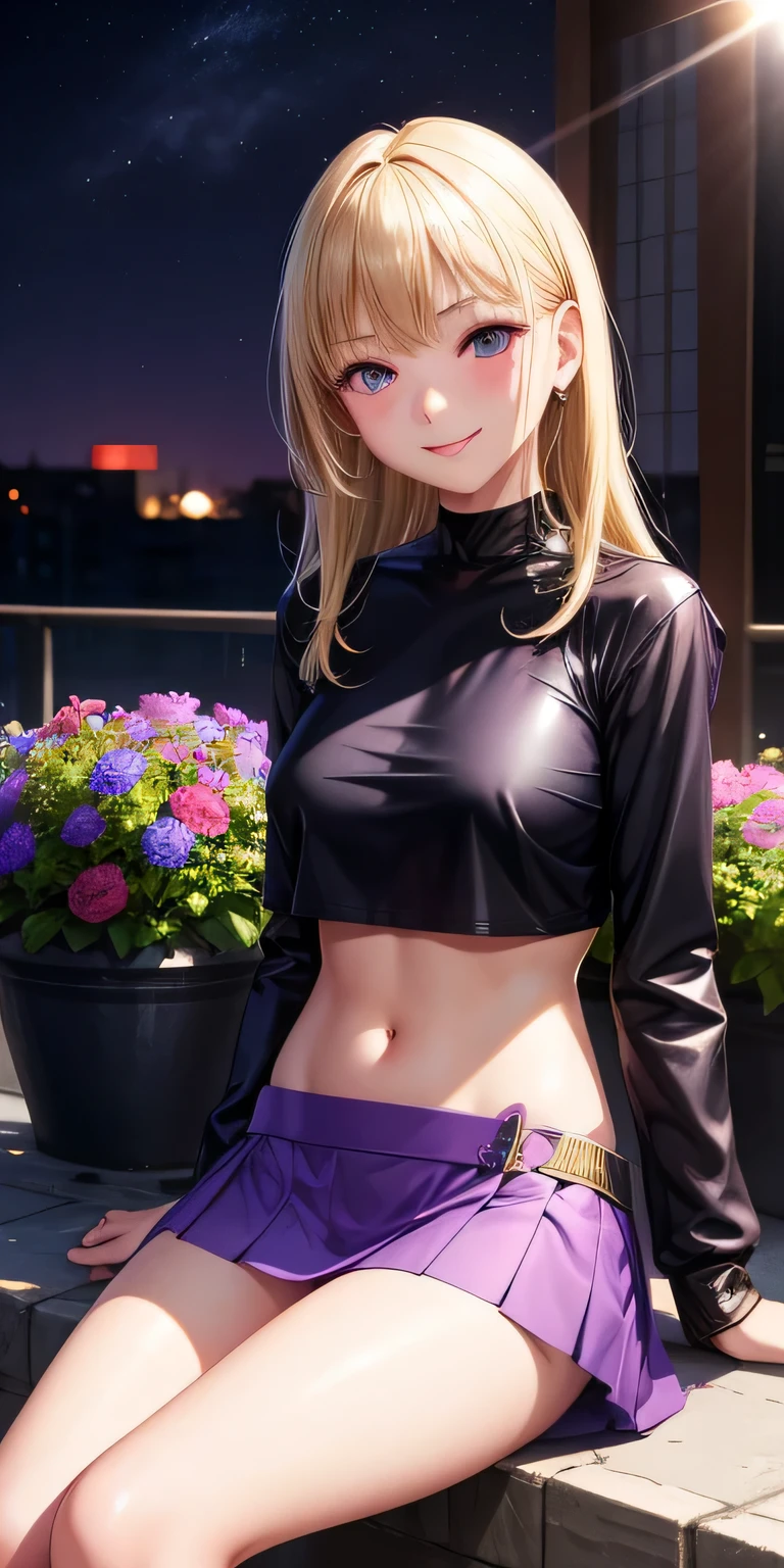 1 girl, blonde hair, black eye, shining eyes, purple crop top, Purple miniskirt, smile､realistic, blush, night, flowers, sun, sunlight, masterpiece, 最high quality, high quality, High resolution､spread your legs､sitting