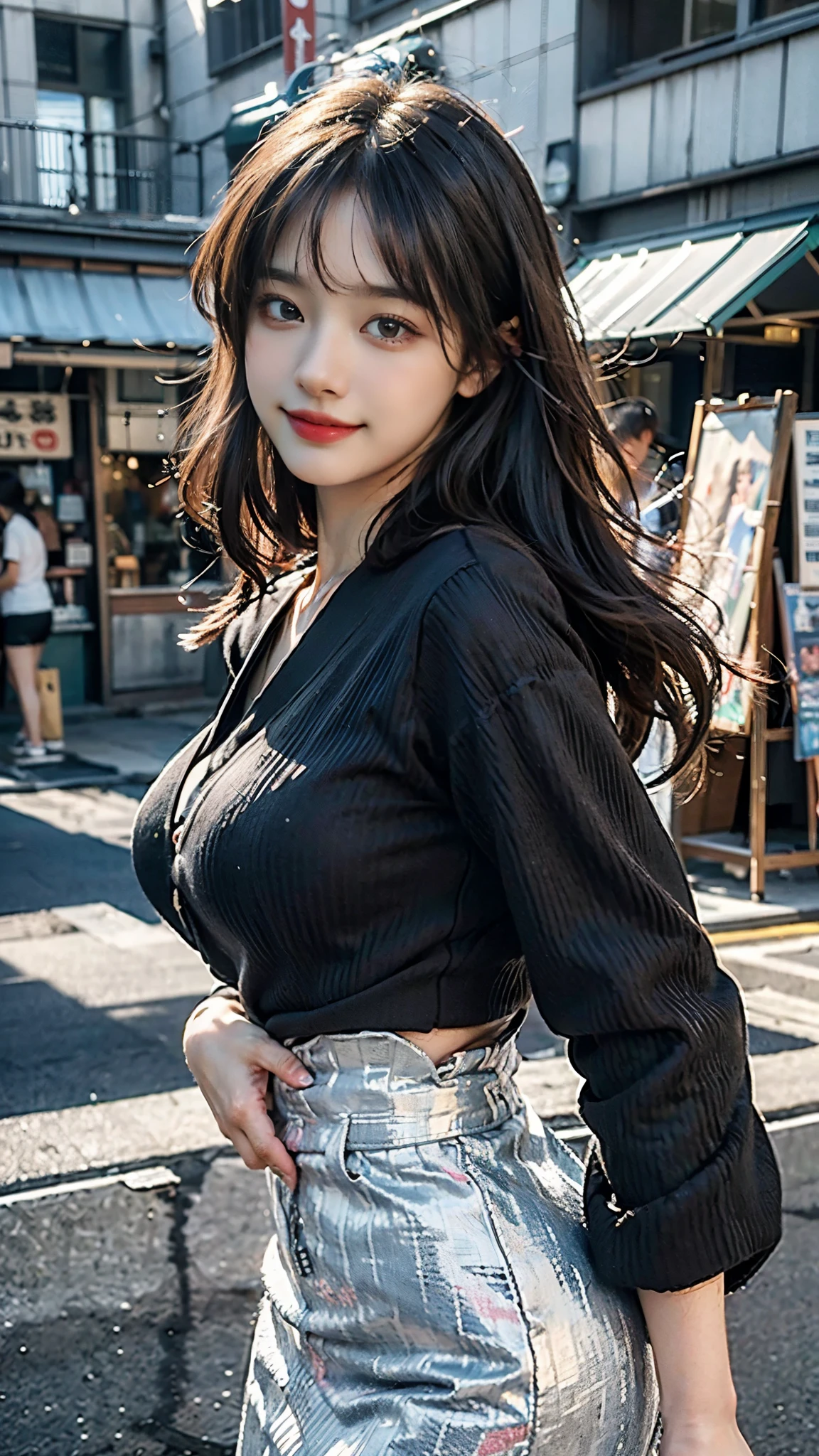 (Best Quality, Masterpiece, Photo realistic, Ultra Detailed, ultra high res, raw:1.3), big breasts, 1girl, pretty, Japanese, tight knit, pencil skirt, smile, long hair, bangs, high-waist, (department store)