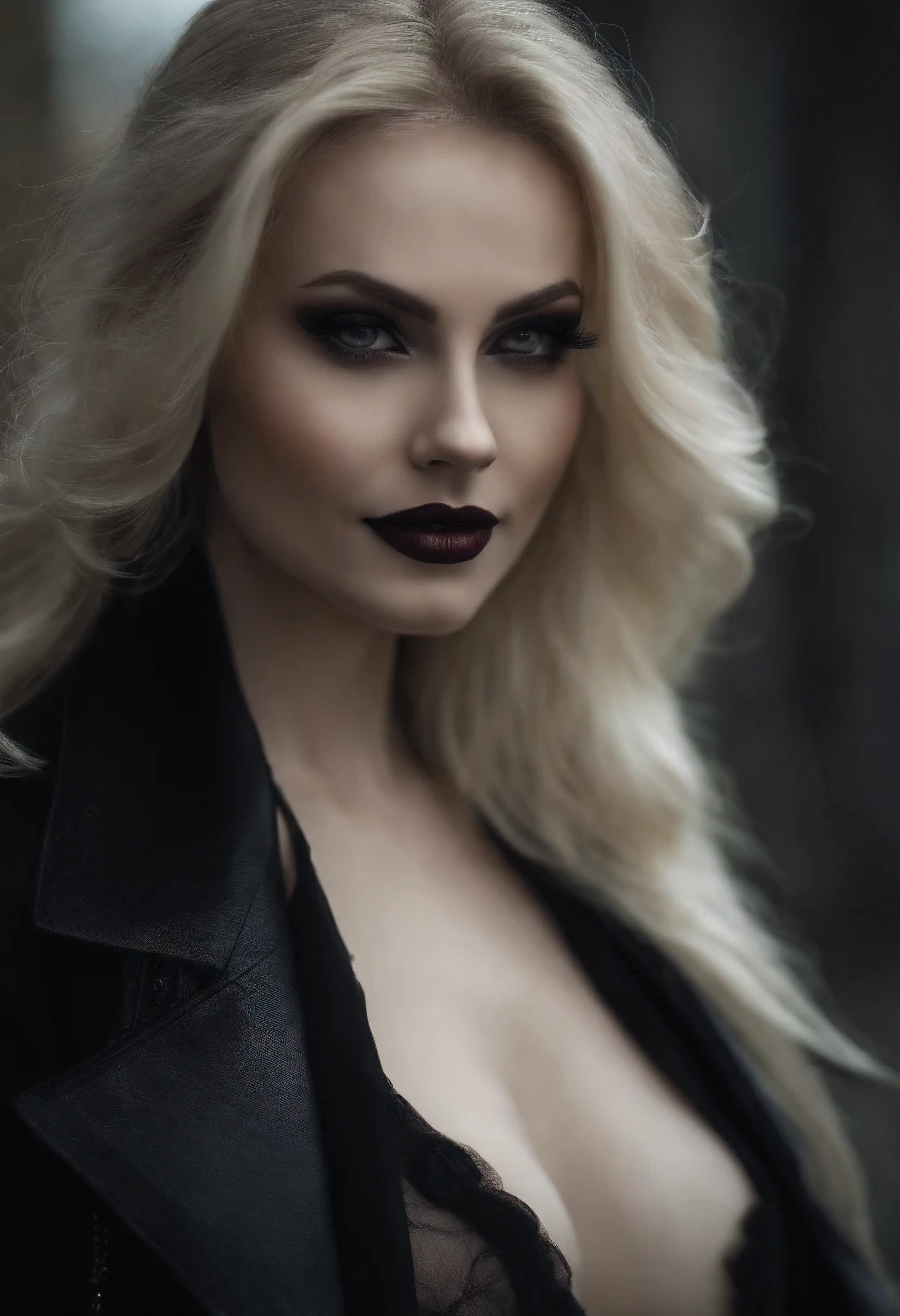 Dark portrait of a blonde vampire, Black suit,blonde flowing hair, pomade, Perfect pale skin, detailed dark makeup, Beautiful, Beautiful большая грудь, smiling, Visible fangs, она забрызгана Bloodю, Skinny jeans accentuate her Beautiful body, (sexual) Outside, She seduces, питается Bloodю, High quality dark background, Super detailed landscapes, super sharp focus, detailed dark ink, Perfect Professional Makeup, dark medium, a dark room, Blood, goth, gothическая одежда, in the style of Dracula
