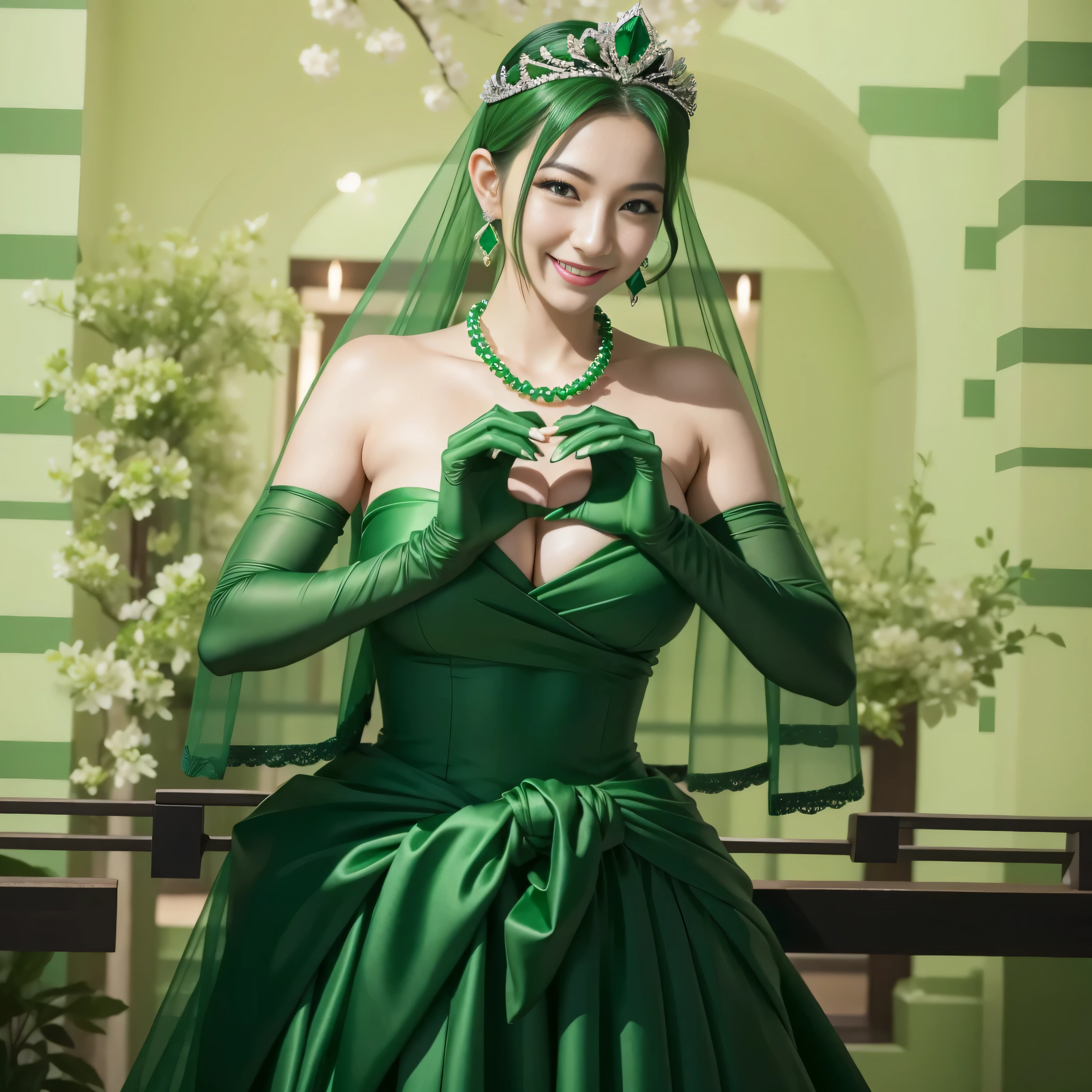emerald tiara, green pearl necklace, ボーイッシュな非常に短いgreen hair, lipstick, smiling Japanese woman, very short hair, Beauty with large breasts, green eyes, Long Green Satin Gloves, green eyes, emerald earrings, green veil, heart with both hands, green hair, Beautiful Japan woman in her 30s, heart shaped hand:1.3