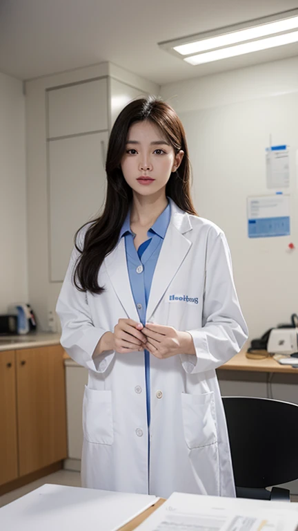Wearing a white lab coat、A straight-faced Chinese beauty，Around 50 years old，Kind and dignified。Asian woman holding folder, Elegant posture，面带微笑doctor, wearing a lab coat doctor, (doctor), wearing a lab coat, Use a stethoscope, wearing a lab coat, wearing a lab coat ，wearing a lab coat, medical staff, Wearing a white lab coat,