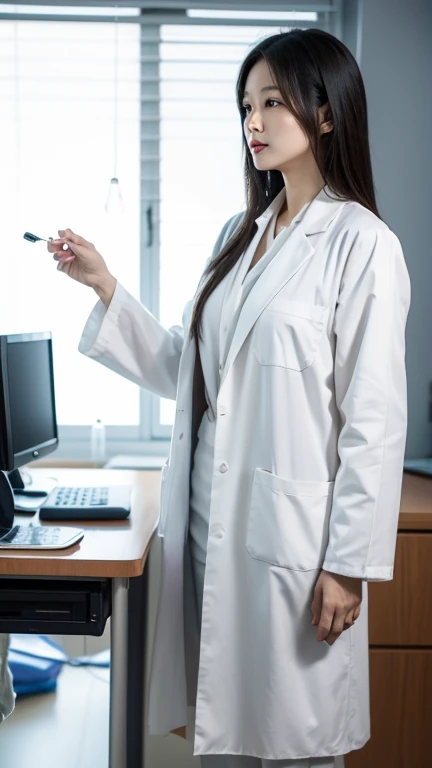 Wearing a white lab coat、A straight-faced Chinese beauty,Around 50 years old,Kind and dignified。Asian woman holding folder, Elegant posture,面带微笑doctor, wearing a lab coat doctor, (doctor), wearing a lab coat, Use a stethoscope, wearing a lab coat, wearing a lab coat ,wearing a lab coat, medical staff, Wearing a white lab coat,