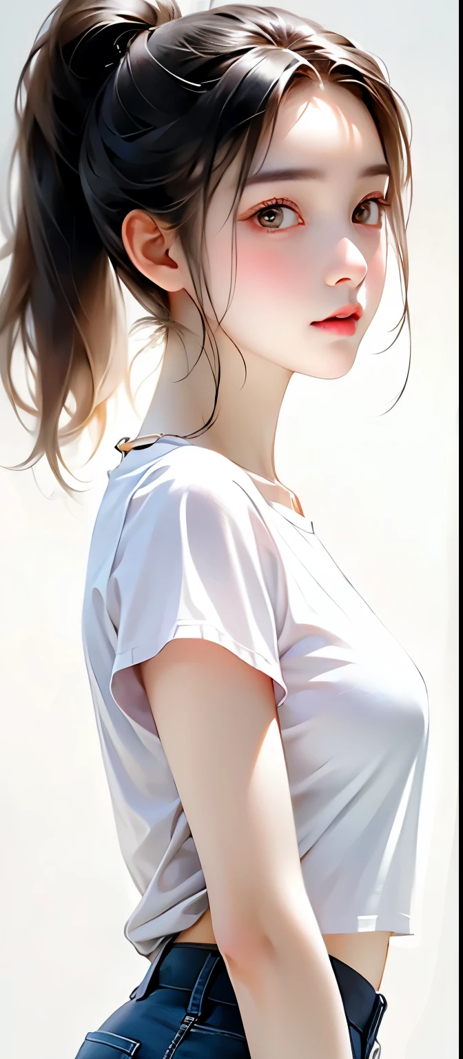 Adorable Girl . Very Kawaii , Round Face . Solo , Slim , Medium Breasts , Short Stature . Glossy Skin . Plain White T-shirt . Shorts . Dynamic Pose . Dynamic Angle . No Background , White Background , looking at viewer