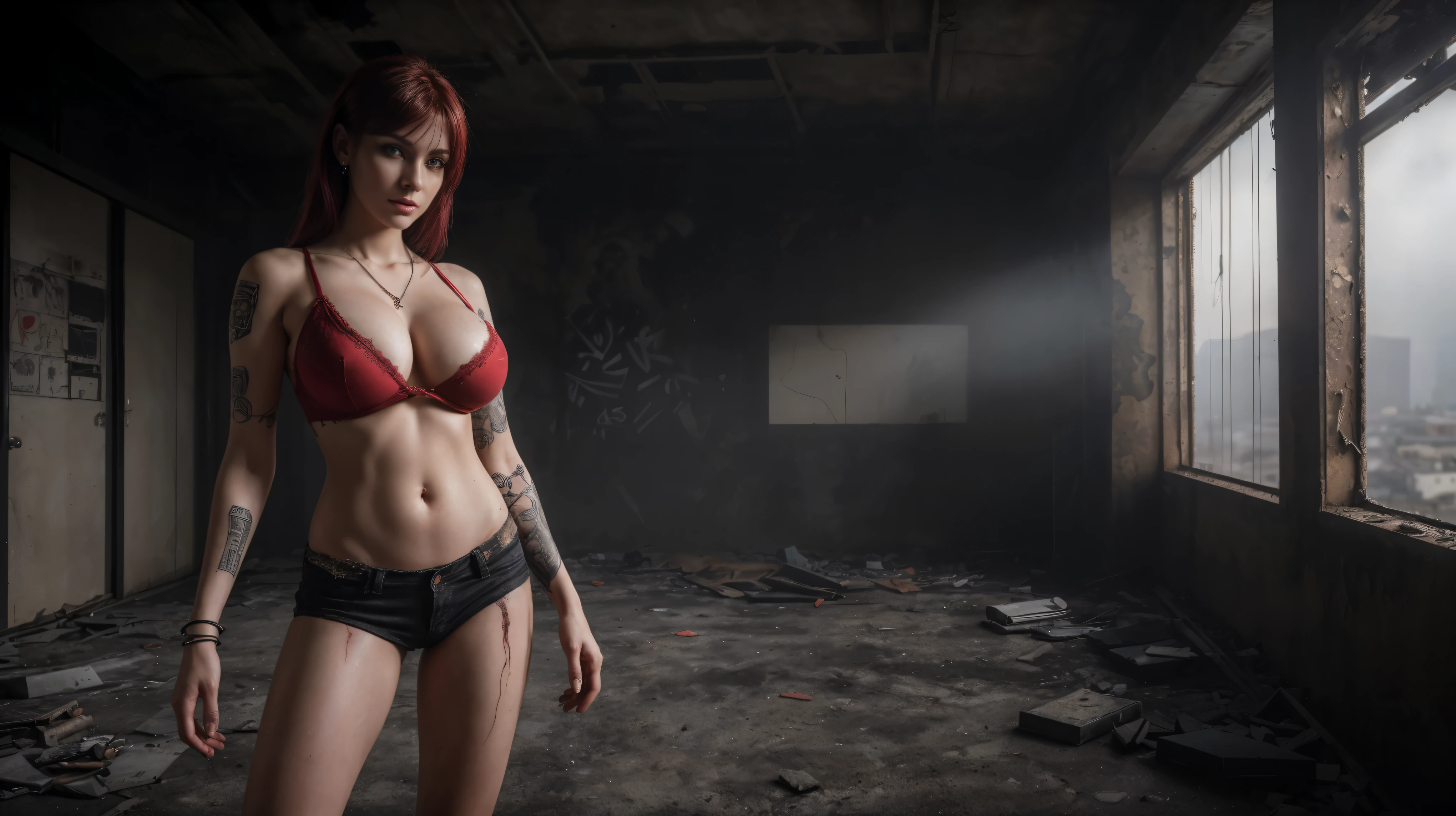 8k, masterpiece, RAW photo, best quality, photorealistic, extremely detailed CG unity 8k wallpaper, Depth of field, Cinematic Light, Lens Flare, Ray tracing, (extremely beautiful face, beautiful lips, beautiful eyes), intricate detail face, ((ultra detailed skin)), ((1girl:1.6)), ((alone:1.4)), ((standing)), at night inside a grunge warehouse, deep shadow, [Raiana-Elizabeth-Dilla], pretty girl, (very slim slender fit-muscled body:1.3), ((beautiful legs:1.4)), ((looking at viewer)),(big smile:1), (sexy ((see-through)) ((ultra-short ((red:1.1)) punk-style uniform))), ((dark scenery,nightlife,urbanlife)), (dark and moody lighting,industrial decay,urban texture,vivid colors,raw and gritty details,mysterious and atmospheric,blurred edges,rusty metal,peeling paint,dusty atmosphere,broken windows,abandoned objects,loneliness and solitude,worn-out furniture,cracks and crevices,graffiti-covered walls,shadows and contrast,harsh and dramatic lighting,unpredictable angles,concrete floors,dirt and debris,smudges and stains,dramatic perspectives), (blurred background:1.4), ((without people in the background:1.5)), beautiful earrings, bracelets, necklace, red pendant, clear eyes, ((tattoos)), (pale skin), (face forward), whole-body-view, ((full-body:1.8, cinematic shot)), soft lighting, (long black hairs), (looking at viewer:1.8), cleavage breasts, (large breasts:1.6), touching the breast, highly detailed, ultra realistic, extremely detailed and realistic ((red:1.1)) clothes.