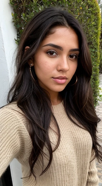a 22-year-old woman, bronceado ((hiperrealismo)) , ojos marrones, Brown hair black roots, cabello extra largo, cabello muy largo, Cabello muy largo, hermoso, vista frontal, autofoto, Foto tomada con iPhone, sweater beige, selfie, en jardin, autofoto iPhone. Foto de noche