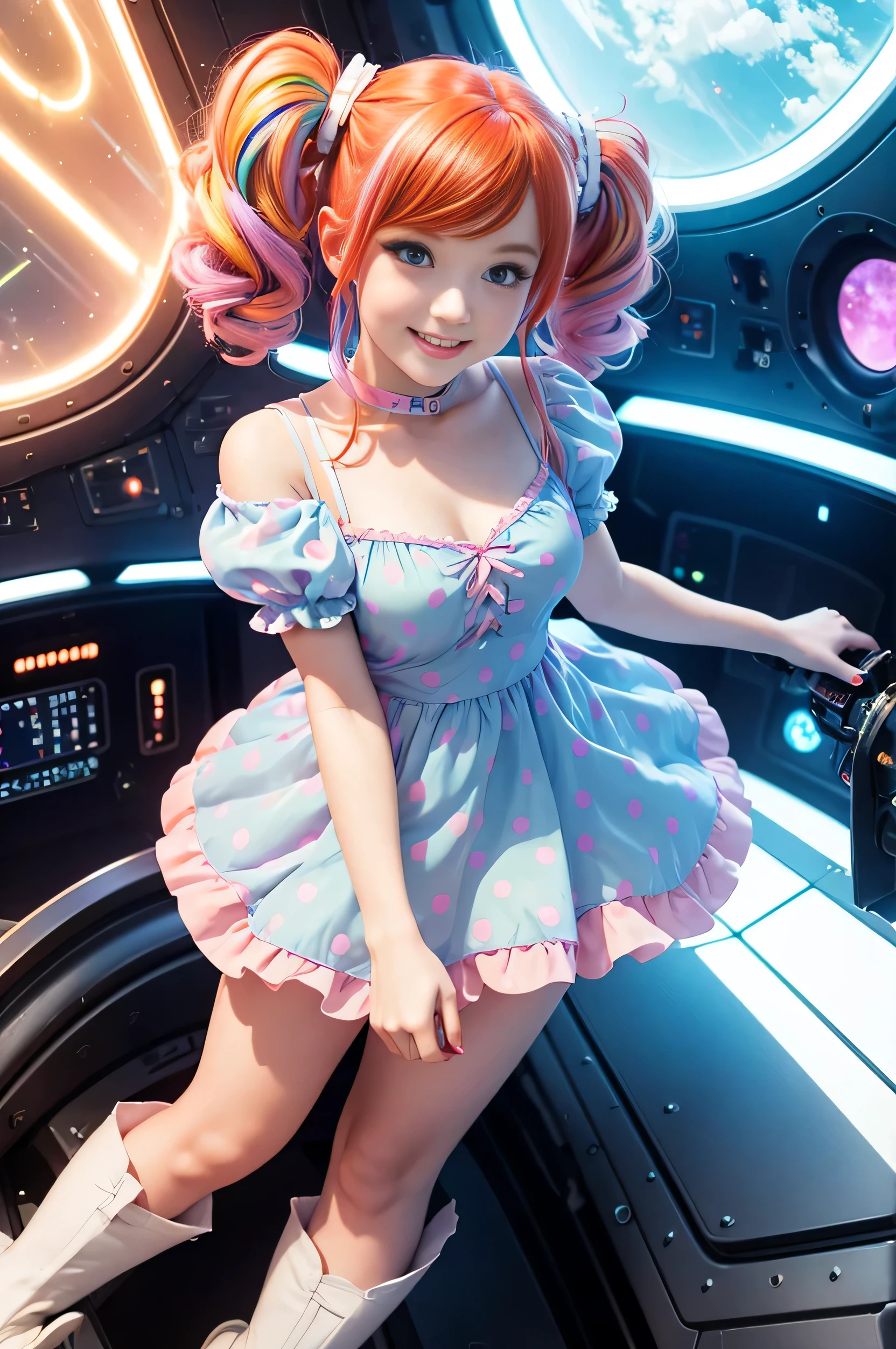 (overhead view) Cute redhead with rainbow colored hair tips, ribbons in her hair, 18-year-old woman, happy, smiling, in twin tails, perfect eyes, clear sparkling blue eyes, pale skin, silky smooth skin, flying a fancy metal luxurious space ship, futuristic cockpit, she's a pilot, outer space seen in windows, dark warm lighting, wearing a futuristic party dress, pleated (chemise) mini dress (pastel rainbow colors, and polka dots), puffy sleeves, silk, pantyhose, cute short cut booties, boots.