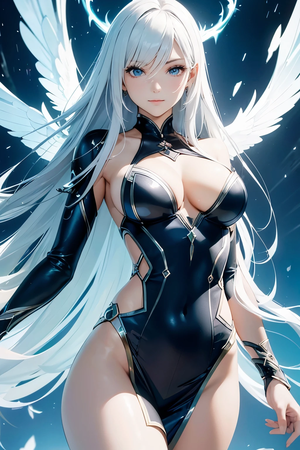 masterpiece, superior quality, 1 woman, Rebecca Bluegarden from Edens Zero, super detailed, fitting bodycon dress, (playful wink), (super adorable face), (angelic countenance), (stunningly beautiful eyes with a captivating spark), (shimmering, luminescent eyes), (full figure), (luminous, flowing hair), super sexy, sleek tresses, (delicate, flawless hands), (perfect anatomy), (sexy, ethereal body), posing seductively, (slender, refined face), (ultra-cute), Detailed features, ultra-realistic, best quality, Cinematic