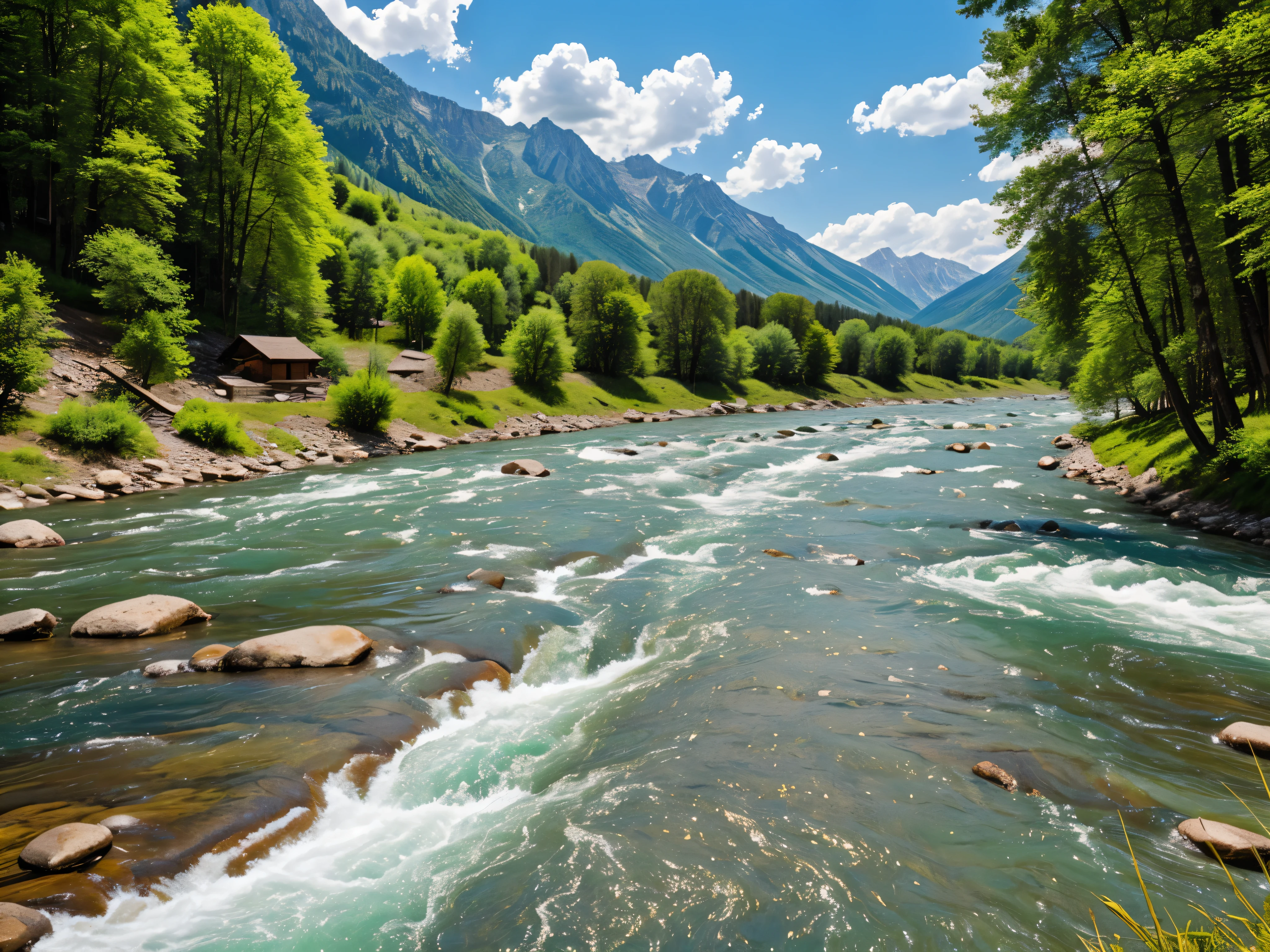 mountain river, sunny day, summer, average number of parts