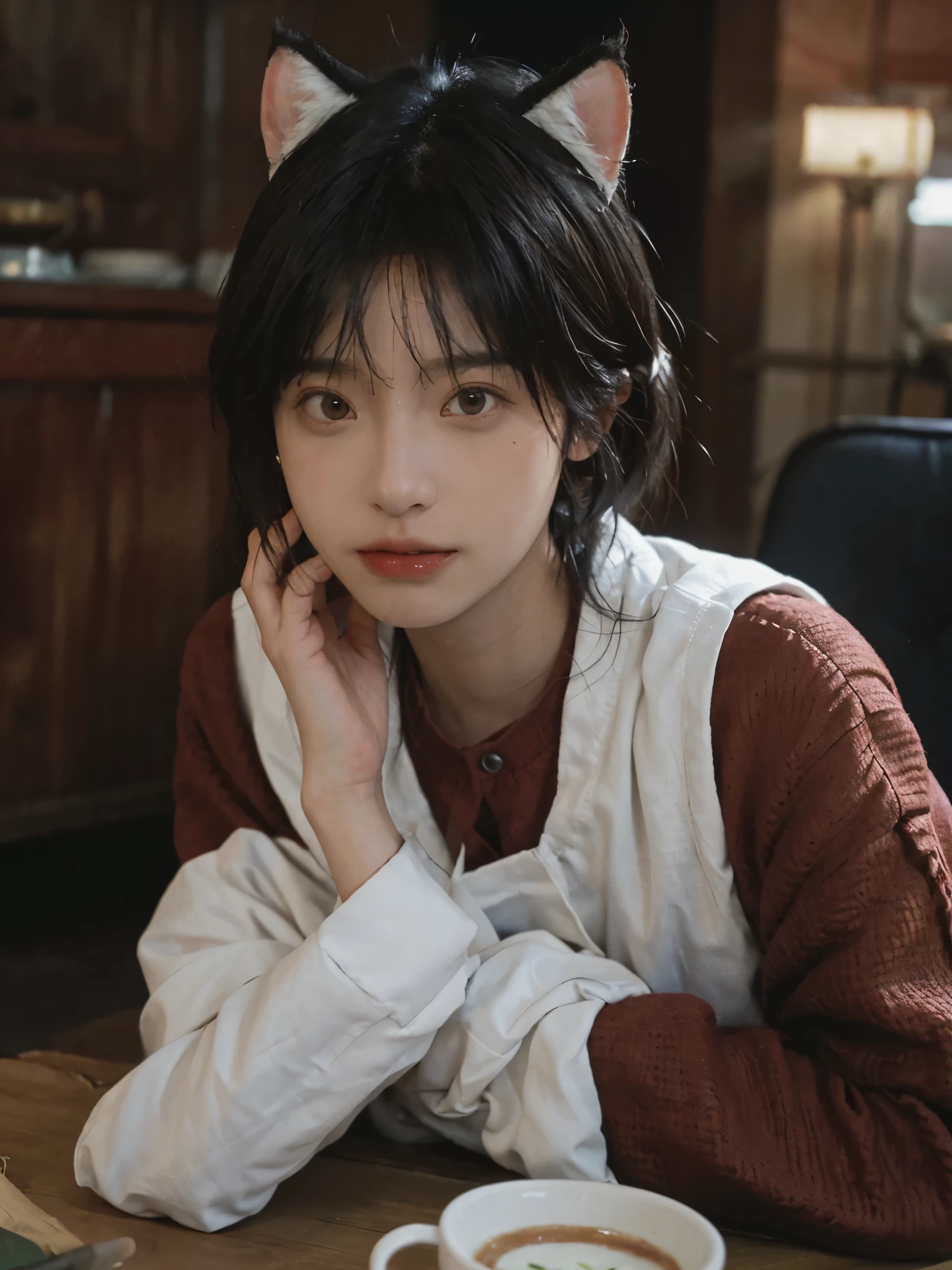 8k,national foundation、 best quality, on the table, ultra high resolution, (realism: 1.4), original photo, Color inspired by red、(Realistic skin texture: 1.3), (film grain: 1.3), Beautiful Eyes and Face Details, on the table, best quality, close up, whole body, look at the audience,blueribbon、Grace、white bob cut、18 years old、white cat ears