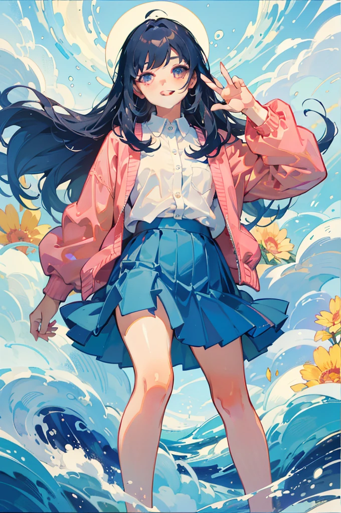 (masterpiece、top-quality)、1girl in、swim wears、skirt by the、Wavy Longhair、asymmetrical bangs、waving at viewer、face perfect、美丽的面容、A charming、big gorgeous eyes、Showing teeth and smiling、perfect slim fit body、lots of flower、fronds、bright colour