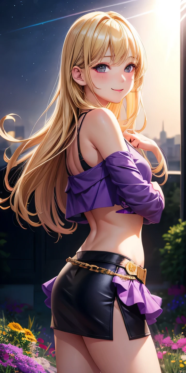1 girl, blonde hair, black eye, shining eyes, purple crop top, Purple miniskirt, smile、realistic, blush, night, flowers, sun, sunlight, masterpiece, 最high quality, high quality, High resolution、View from behind