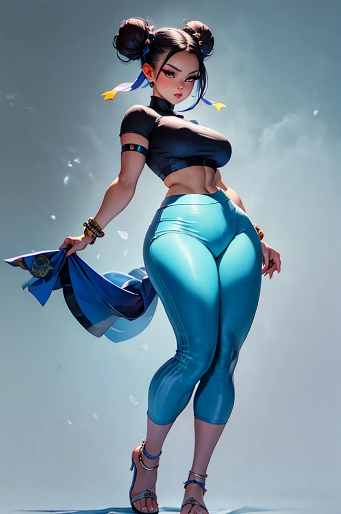 (masterpiece, best quality, high resolution), emmnorts as chun-li, chunlims, full body, full body view, hair bun, double bun, eyeshadow, makeup, chinese clothes, pelvic curtain, solo, dress, bracelet, ribbon, pants, blue pants, makeup, short sleeves, wide hips, thick thighs, thigh gap, big breasts, hard nipples, perky tits, bare legs, bare feet, beautiful legs, beautiful feet