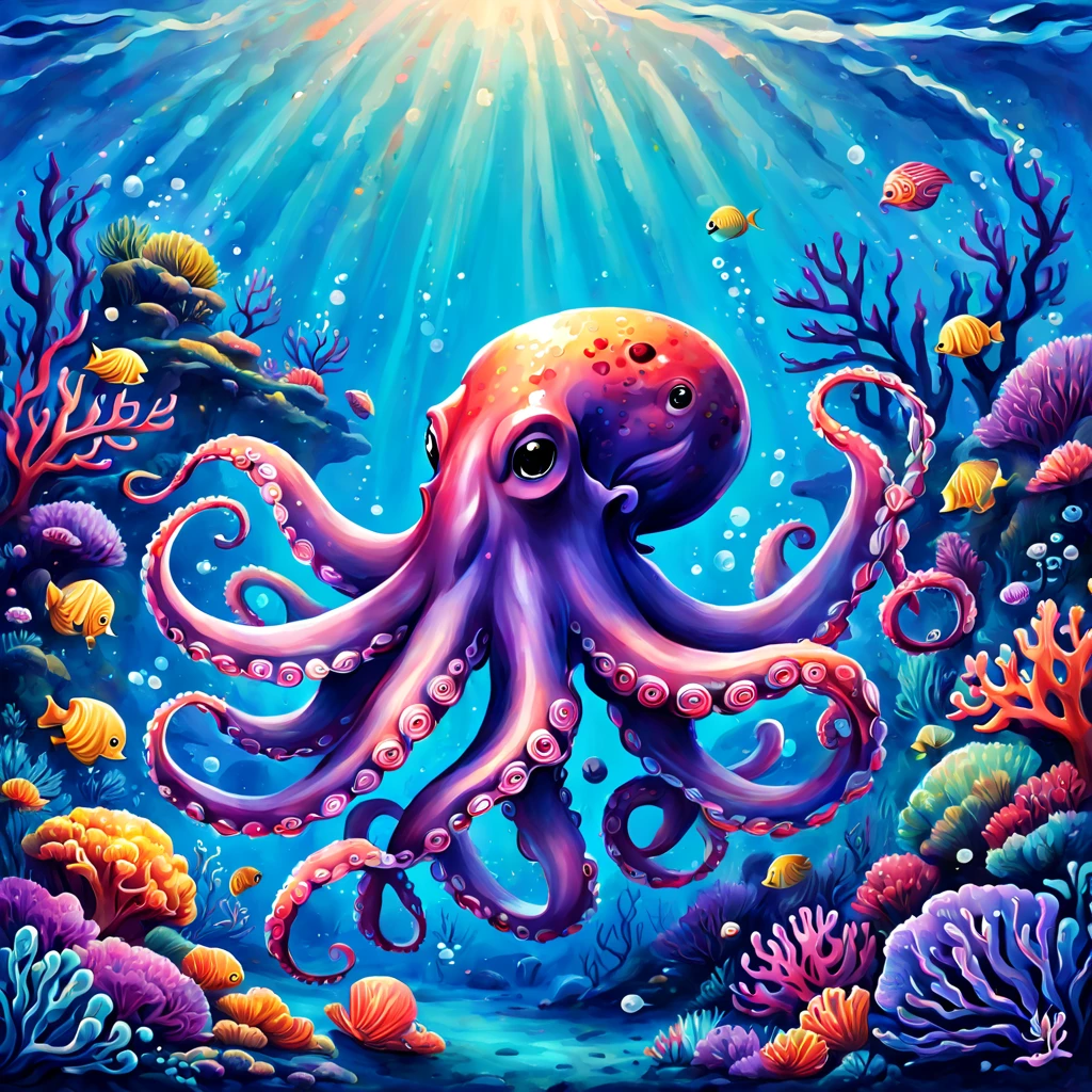 Continue with the same style and whimsical atmosphere as the previous illustrations, depicting an underwater world with a cute octopus engaging in painting. Emphasize the intense splatter effect of oil paint and colorful ink, with more splashes on the canvas and on the octopus itself. The octopus should appear happily engaged in its artistic activity, surrounded by a vibrant aquatic environment with coral and marine life.