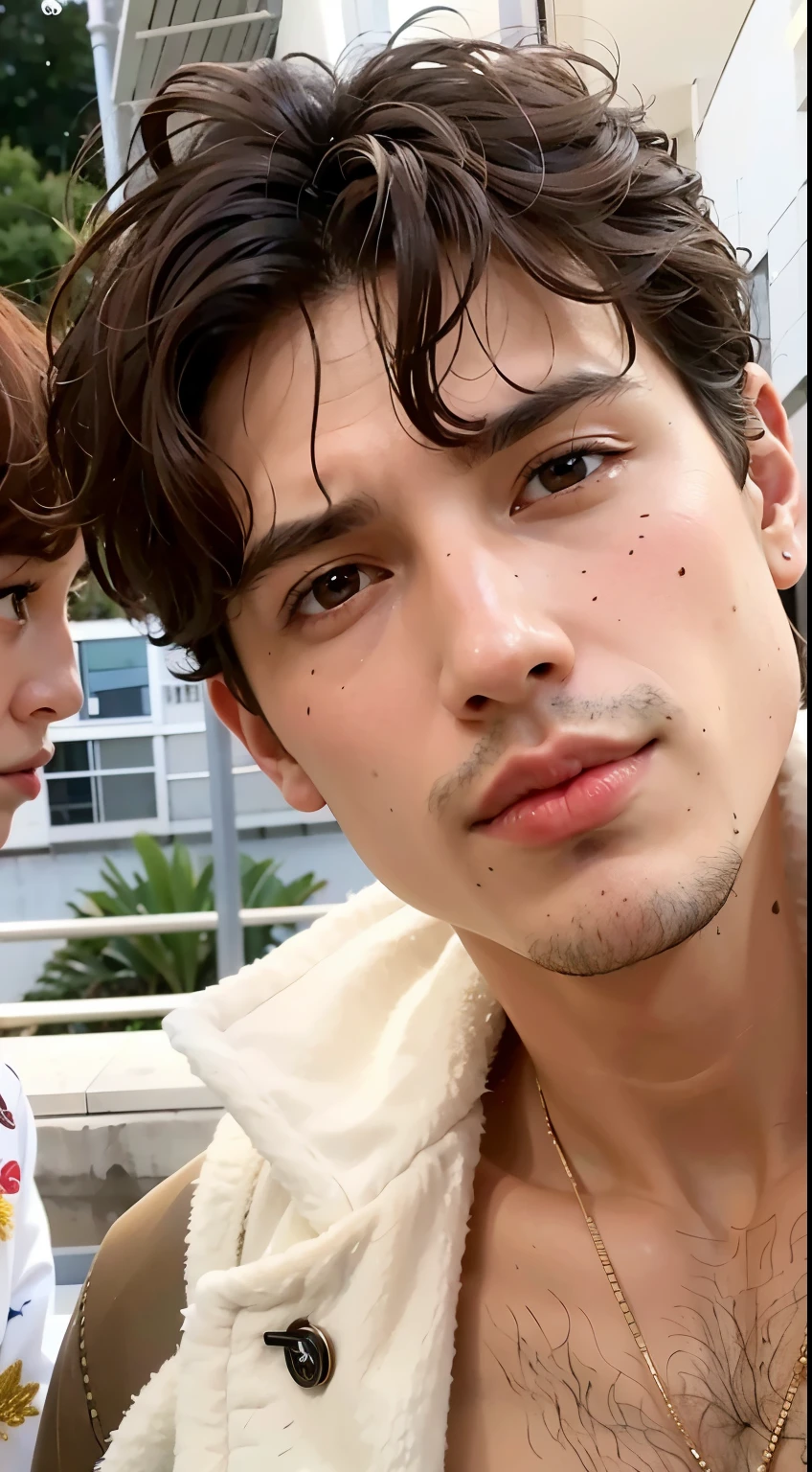 Hay dos hombres que posan juntos para una foto., timothy chalamet, declan mckenna, he has short curly brown hair, liam brasero y nielly, Slightly defined jawline, cara perfecta y chico, foto de perfil, inspirado en Luca Zontini, joe keery, well defined jawline, taken in the early 2020s, imagen de perfil