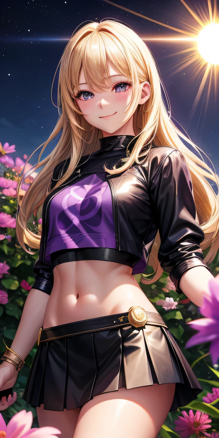 1 girl, blonde hair, black eye, shining eyes, purple crop top, Purple miniskirt, smile、realistic, blush, night, flowers, sun, sunlight, masterpiece, 最high quality, high quality, High resolution