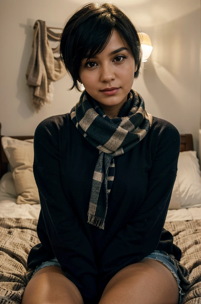 woman with a scarf on round the neck sitting on a bed, 30 years old woman, selfie photograph, with cute face, pretty, fair face, black short hair, room lighting, depth of field, masterpiece, photo-realistic, super detail, bedroom in background