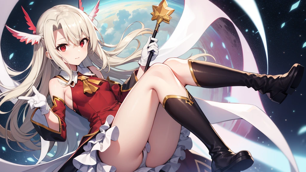 Illyasviel von Einzbern, blonde hair, hair between eyes, long hair, (red eyes:1.5),A cool girl boots, Detached sleeves, , White gloves, white skirt, absolute chance,Destiny,Oracle destiny,Star Trail·Destiny Pointer,Psychic Tarot God