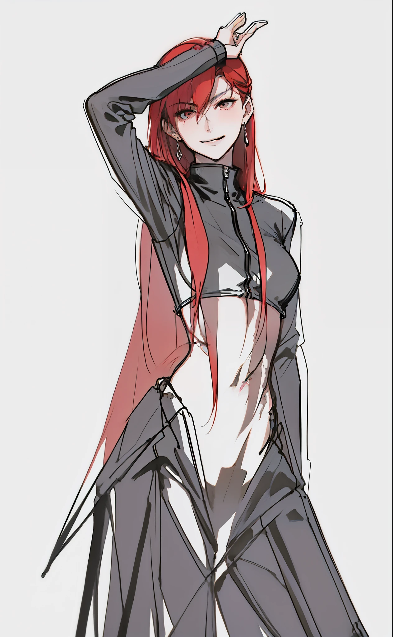 woman、Red hair、The upper body wears a tight-fitting leather jacket、坏woman特质、villain stance,The villain's smile