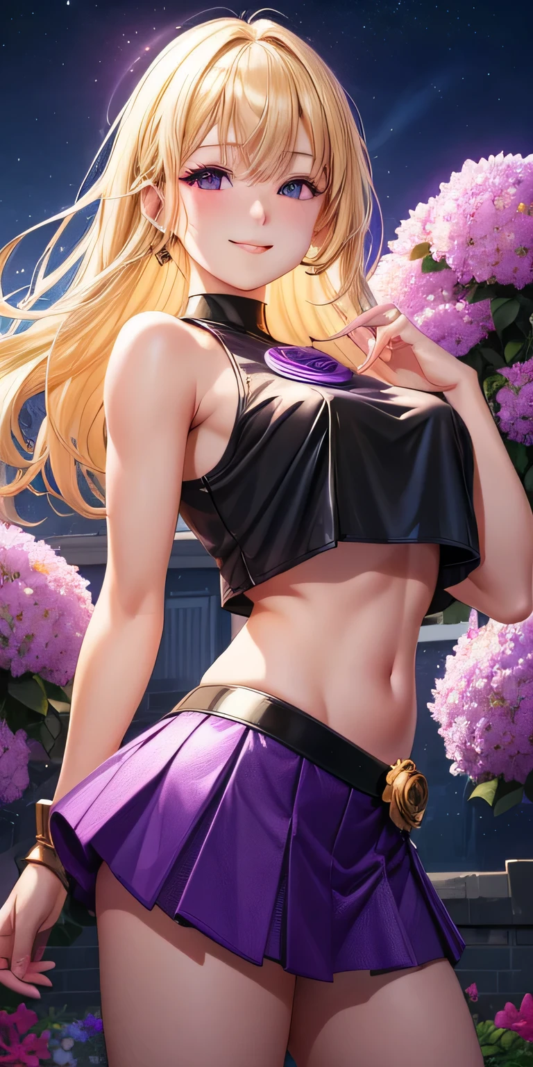 1 girl, blonde hair, black eye, shining eyes, purple crop top, Purple miniskirt, smile､realistic, blush, night, flowers, sun, sunlight, masterpiece, 最high quality, high quality, High resolution