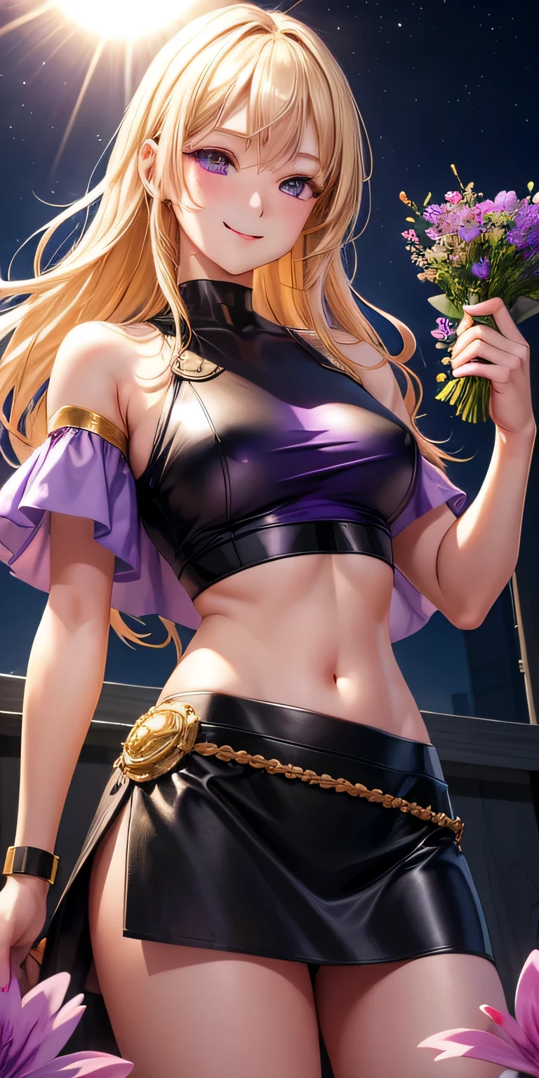 1 girl, blonde hair, black eye, shining eyes, purple crop top, Purple miniskirt, smile、realistic, blush, night, flowers, sun, sunlight, masterpiece, 最high quality, high quality, High resolution