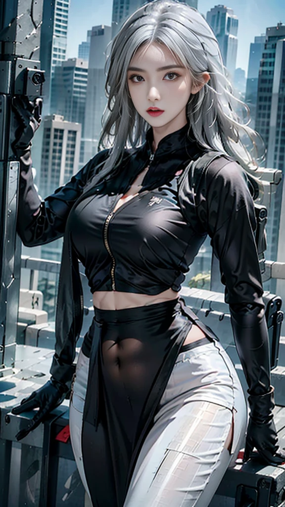 lifelike, high resolution, 1 lady, alone, Special forces clothing,Special forces equipment,Special forces vest,Buttocks up, Show belly button,view viewer, (Detailed face), white hair, 冲锋guns, guns, jewelry, tattoo