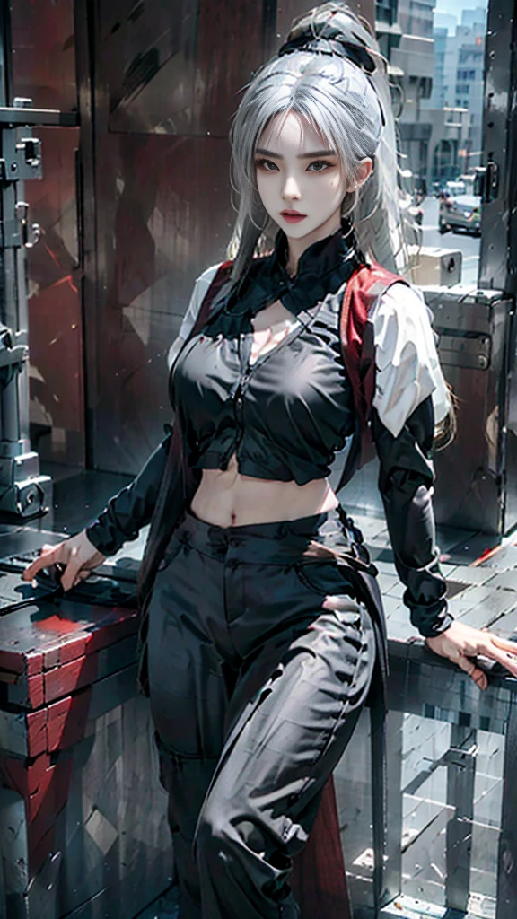 lifelike, high resolution, 1 lady, alone, Special forces clothing,Special forces equipment,Special forces vest,Buttocks up, Show belly button,view viewer, (Detailed face), white hair, 冲锋guns, guns, jewelry, tattoo