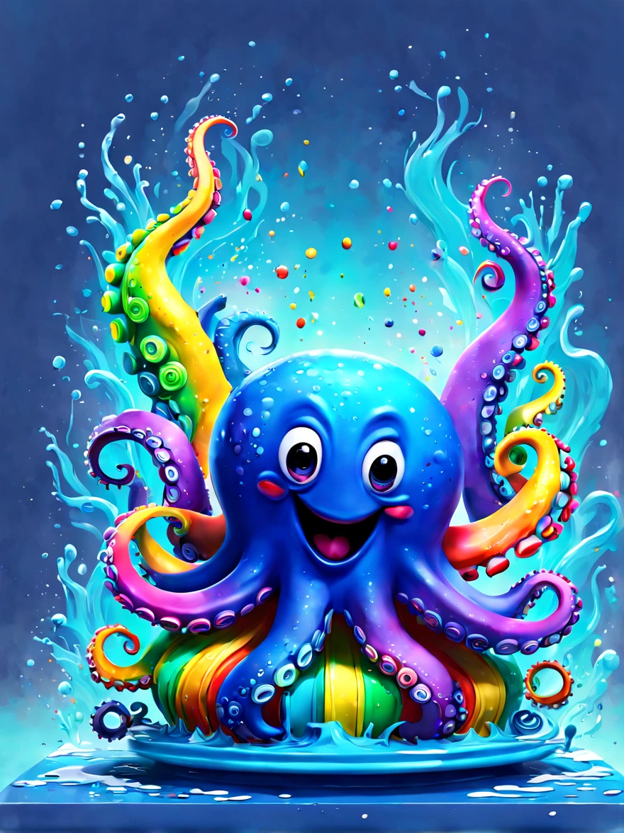 (Colorful rainbow octopus in colorful ink style)，((paint brushes，Drawing board，Drawing plate))，(Covered with ink splatters), Lovely 3D rendering, (Character covered in ink liquid splatter), (Underwater world background，Splashed ink，ink)，4D cinema rendering octane, blender art, Hospital 4D color rendering, highly detailed photo of happy, Rendering in cinema4d, 4D cinema rendering, Colorful octane rendering, 3d illustration, 3D illustration, Stylized for 3D rendering . energetic, beautiful, translucent, complex, detailed