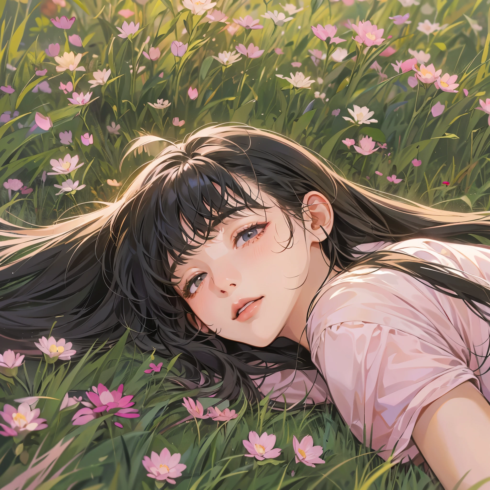 ( highres, ultra detailed, realistic, )(解剖学正确), 1 girl,long black hair, wind blow,Comfortable face,pink white stripe T-shirt, lying on the grass, black eyes,looking at the sky, sunset sky background, ultra - detailed, best quality, Detailed diagram, vectorized, 8K, Graphic design, vector lines, Full-HD,仰视角度
