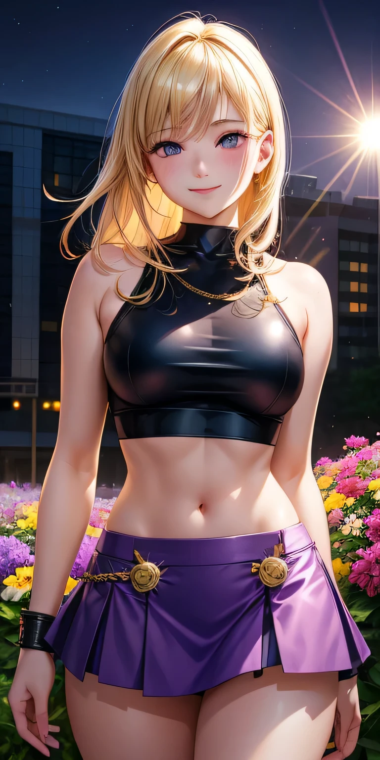 Realistic, One girl, Blonde, ponytail,Purple eyes, Glowing Eyes, Crop top, skirt, Lips parted, blush, night, Flowers, sun, sunlight,avec des seins plus gros et visible devant et des habits sans manches épaules et une poitrine plus grosse