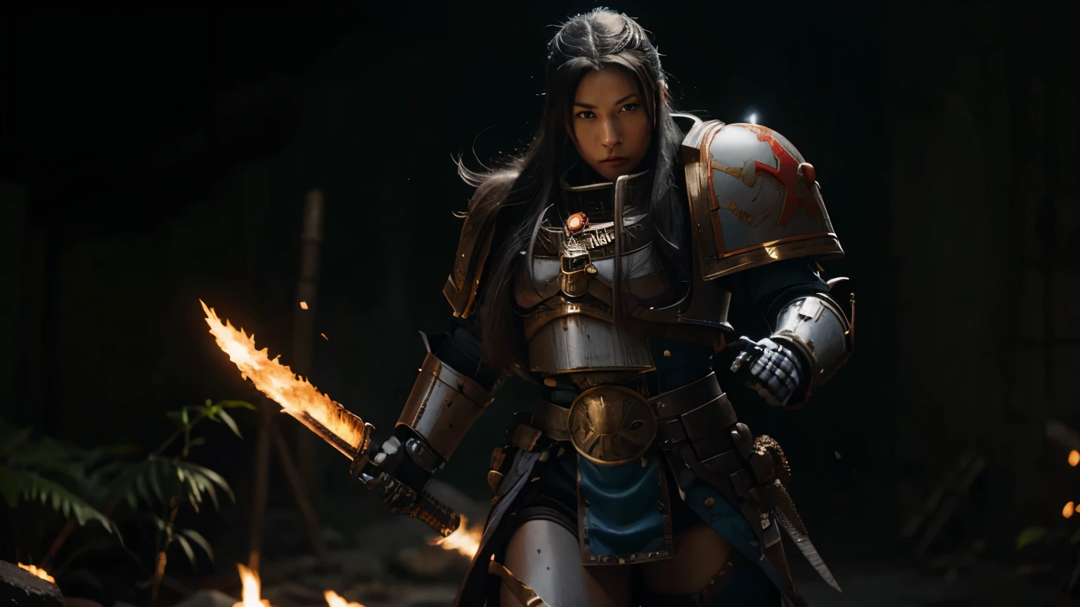 Female (Blue eyed) samurai in (Warhammer 40k) setting, grim dark, Japanese, sci-fi, feudal, epic, battle, landscape, action photo, power armour, bolter, (sister of battle)