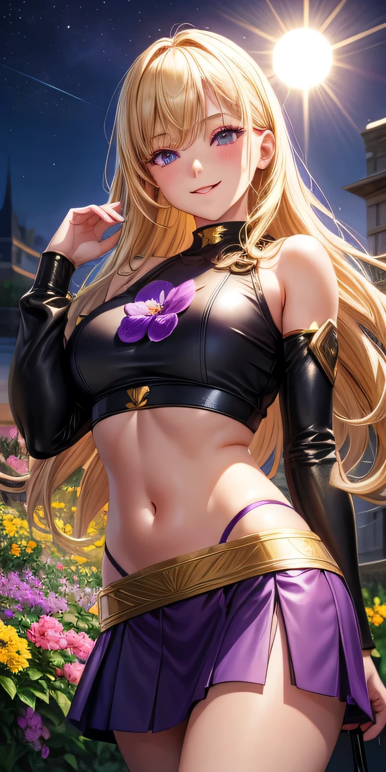 1 girl, blonde hair, black eye, shining eyes, purple crop top, Purple miniskirt, smile、realistic, blush, night, flowers, sun, sunlight, masterpiece, 最high quality, high quality, High resolution