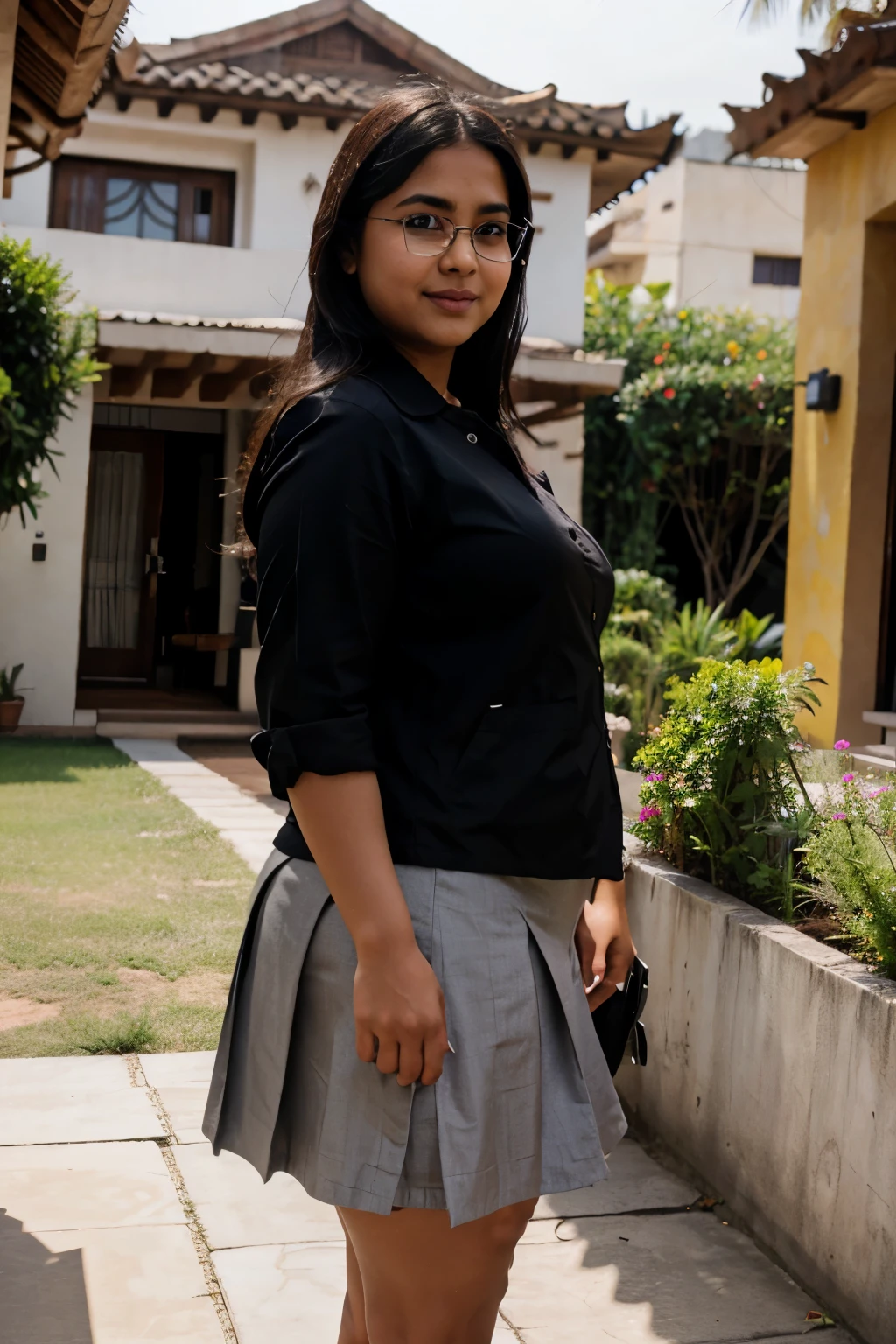 (RAW photo, natural lighting) Indian woman wearing school uniform (school uniform, black jacket, collared shirt, white shirt, neck ribbon, grey skirt, black socks, footwear), 20 years old, (chubby cheeks:1.2), (curvy body:1.3), (eyeglasses), (bindi), An Indian beauty, charismatic, light Indian- skin, view the viewer, naughty smile, luxurious villa in the background, (detailed facial features), (realistic:1.37)