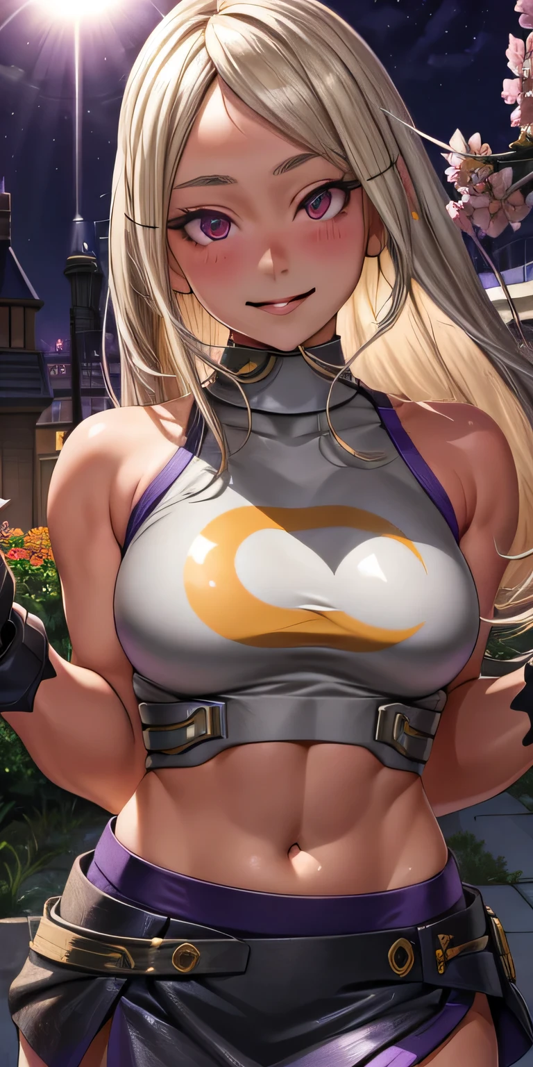1 girl, blonde hair, black eye, shining eyes, purple crop top, Purple miniskirt, smile､realistic, blush, night, flowers, sun, sunlight, masterpiece, 最high quality, high quality, High resolution