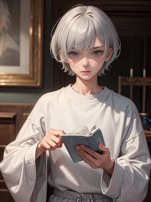 ((best quality)), ((masterpiece)), (detailed),High quality, Ultra detailed, best quality, insanely detailed, beautiful, masterpiece,
Teen, male, boy, silver hair,short hair, bob cut, sweat shirt, sweat pants, young expression, looks young,