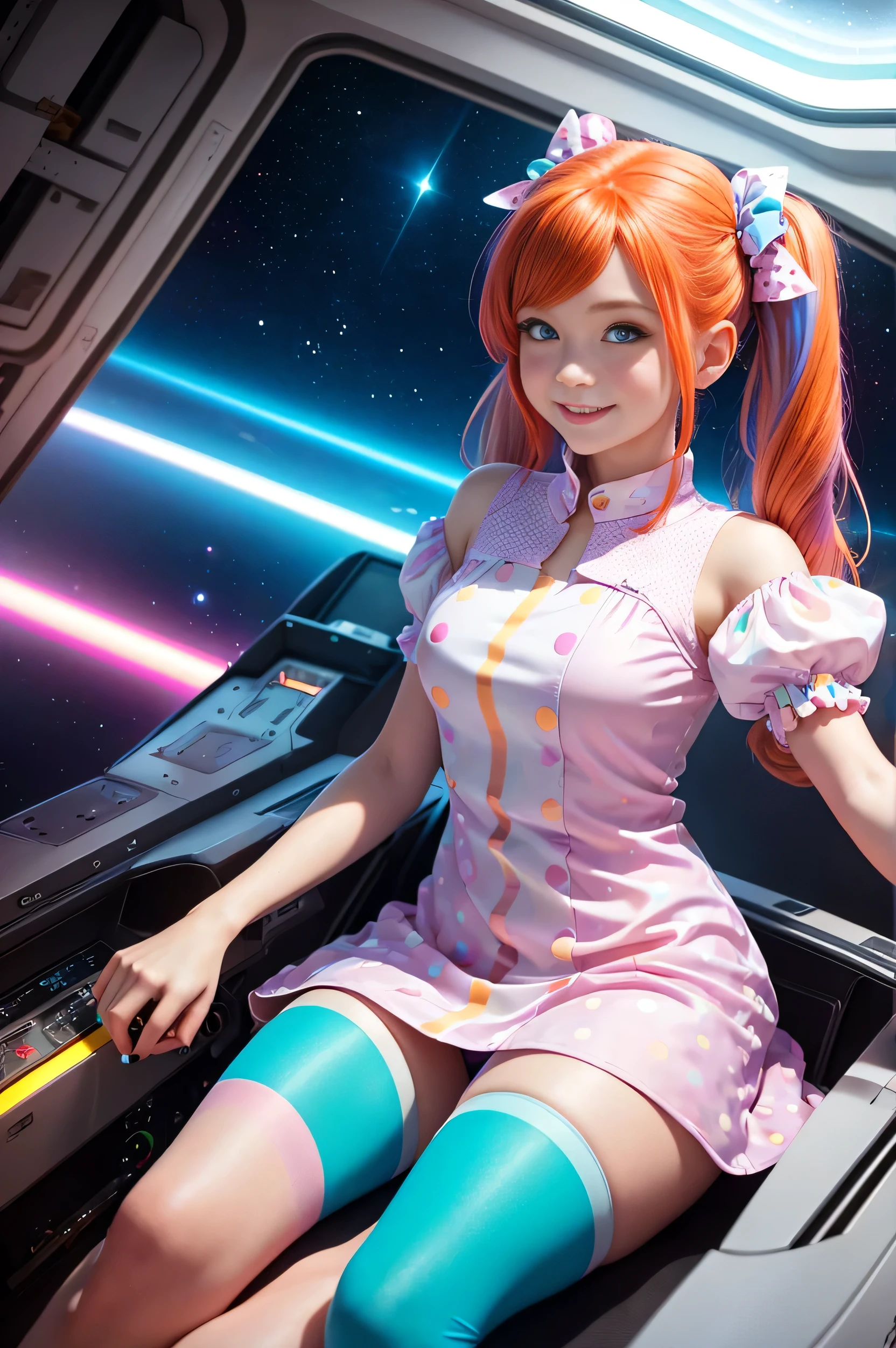 (overhead view) Cute redhead with rainbow colored hair tips, ribbons in her hair, 18-year-old woman, happy, smiling, in twin tails, perfect eyes, clear sparkling blue eyes, pale skin, silky smooth skin, flying a fancy metal luxurious space ship, futuristic cockpit, she's a pilot, outer space seen in windows, dark warm lighting, wearing a futuristic party dress, pleated (chemise) mini dress (pastel rainbow colors, and polka dots), puffy sleeves, silk, pantyhose, cute short cut booties, boots.