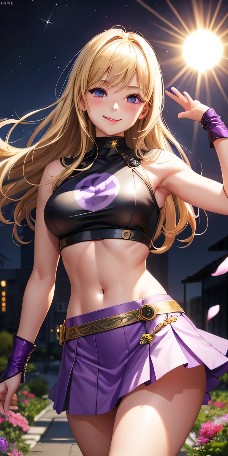 1 girl, blonde hair, black eye, shining eyes, purple crop top, Purple miniskirt, smile、realistic, blush, night, flowers, sun, sunlight, masterpiece, 最high quality, high quality, High resolution