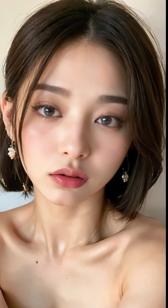 ((best quality, 8k, masterpiece: 1.3)), 1 girl, Slim Abs Beauty: 1.3, ( Casual and cute hairstyle: 1.2), : 1.1, Charming face expression of enjoyment and desire, Detailed eyes, double eyelids, With earrings, bedroom, Concert makeup, ((Medium breasts nude, cute breasts)), (Lying in bed), (The portrait was taken from above her lying body)