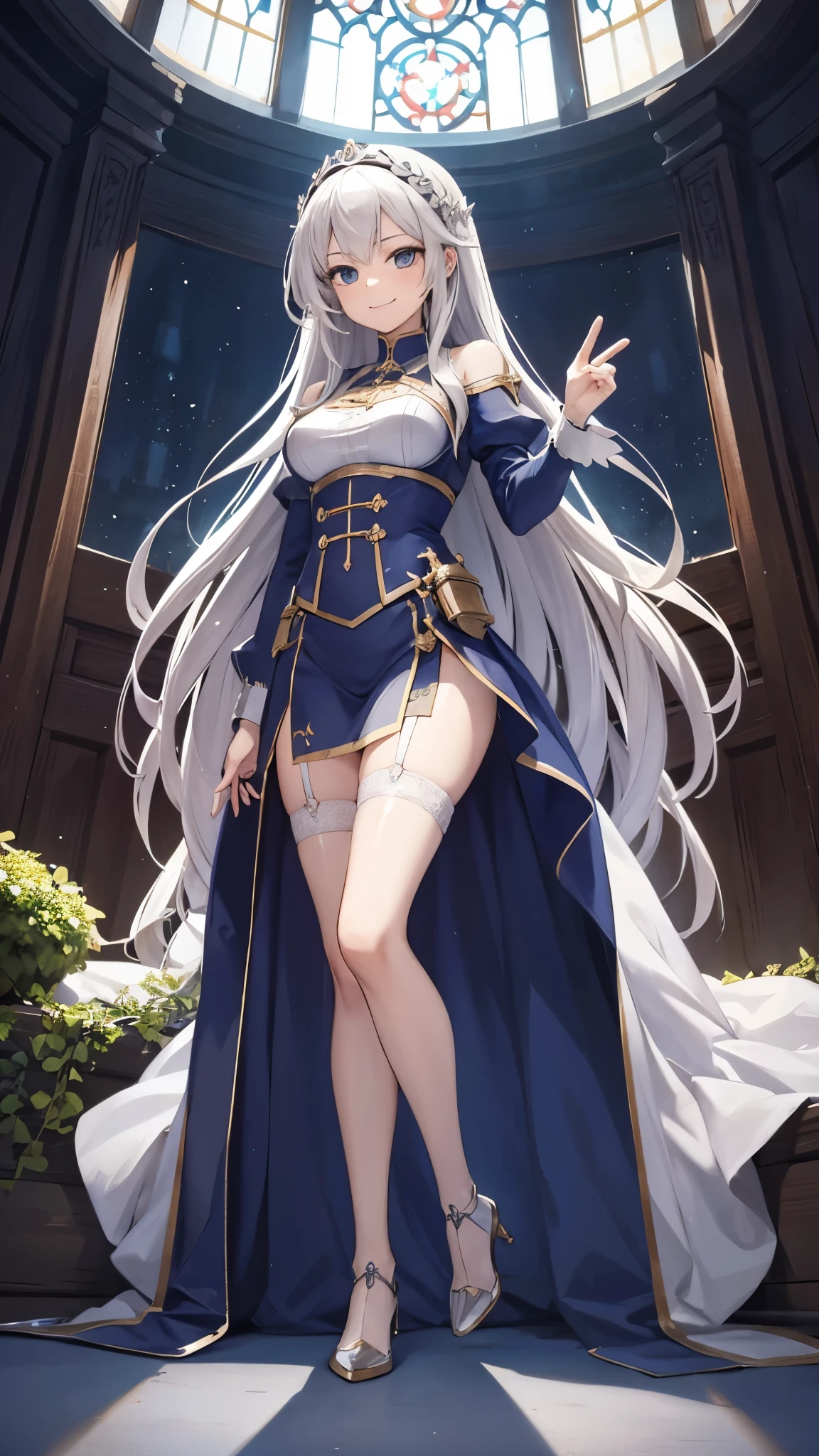 castle background, throne, cloud, glass, mountain, movie light, 1 girl, long hair, solo, standing on one leg, garter, thighs, dress, looking at the audience, very long hair, standing, silver hair, full body, smile, white hair, leg up, a girl, the best quality, masterpiece, illustration, an