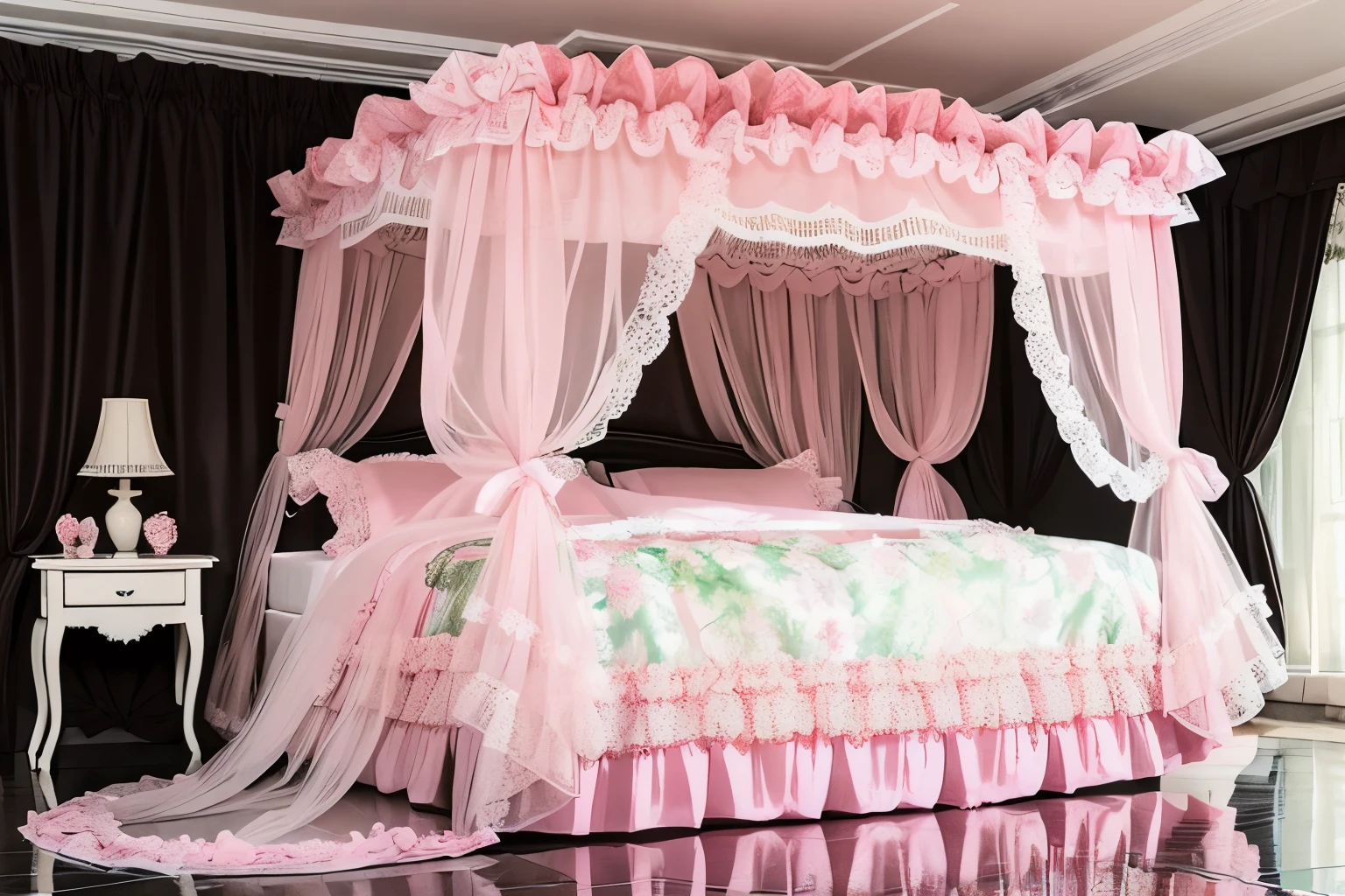 highest quality, masterpiece, highest resolution, artwork, super それにget used to it, many get used to it, get used to it, それにget used to it,(), Girl, 10 years old,the girl is a princess,((girly dark pink satin fabric)), ((A Victorian ballgown dress with plenty of pink ruffles and bows and a voluminous full-length hoop skirt.)),long sleeve,long dress,A dress with lots of frills and ribbons..,luxury,((Palace bedroom)),((Huge square victorian canopy king size bed)),lots of frilly pillows,ruffle bed skirt,