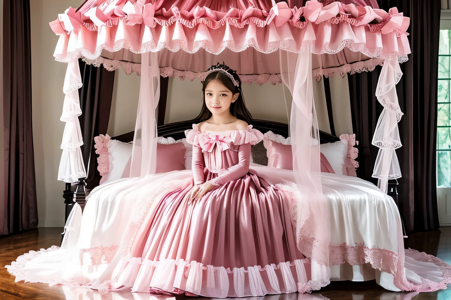 highest quality, masterpiece, highest resolution, artwork, super それにget used to it, many get used to it, get used to it, それにget used to it,(), Girl, ,the girl is a princess,((girly dark pink satin fabric)), ((A Victorian ballgown dress with plenty of pink ruffles and bows and a voluminous full-length hoop skirt.)),long sleeve,long dress,A dress with lots of frills and ribbons..,luxury,((Palace bedroom)),((Huge square victorian canopy king size bed)),lots of frilly pillows,ruffle bed skirt,