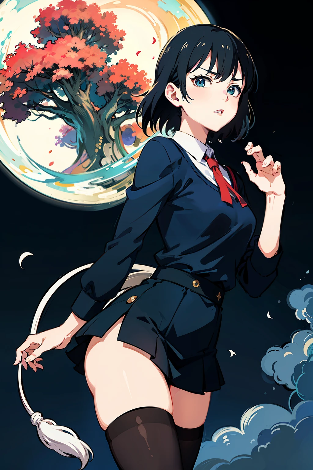 Anime Style Masterpiece, sole character, cute appearance, intricately detailed design, vivid colors, expressive facial features, realistic shading, high-definition texture, refined lines, captivating expression, theme, black knee socks, pristine school uniform, meticulously rendered background, envisioned in the anime art style of renowned artists, such as Hayao Miyazaki or Makoto Shinkai, showcasing the quintessential charm and elegance of anime aesthetics.
