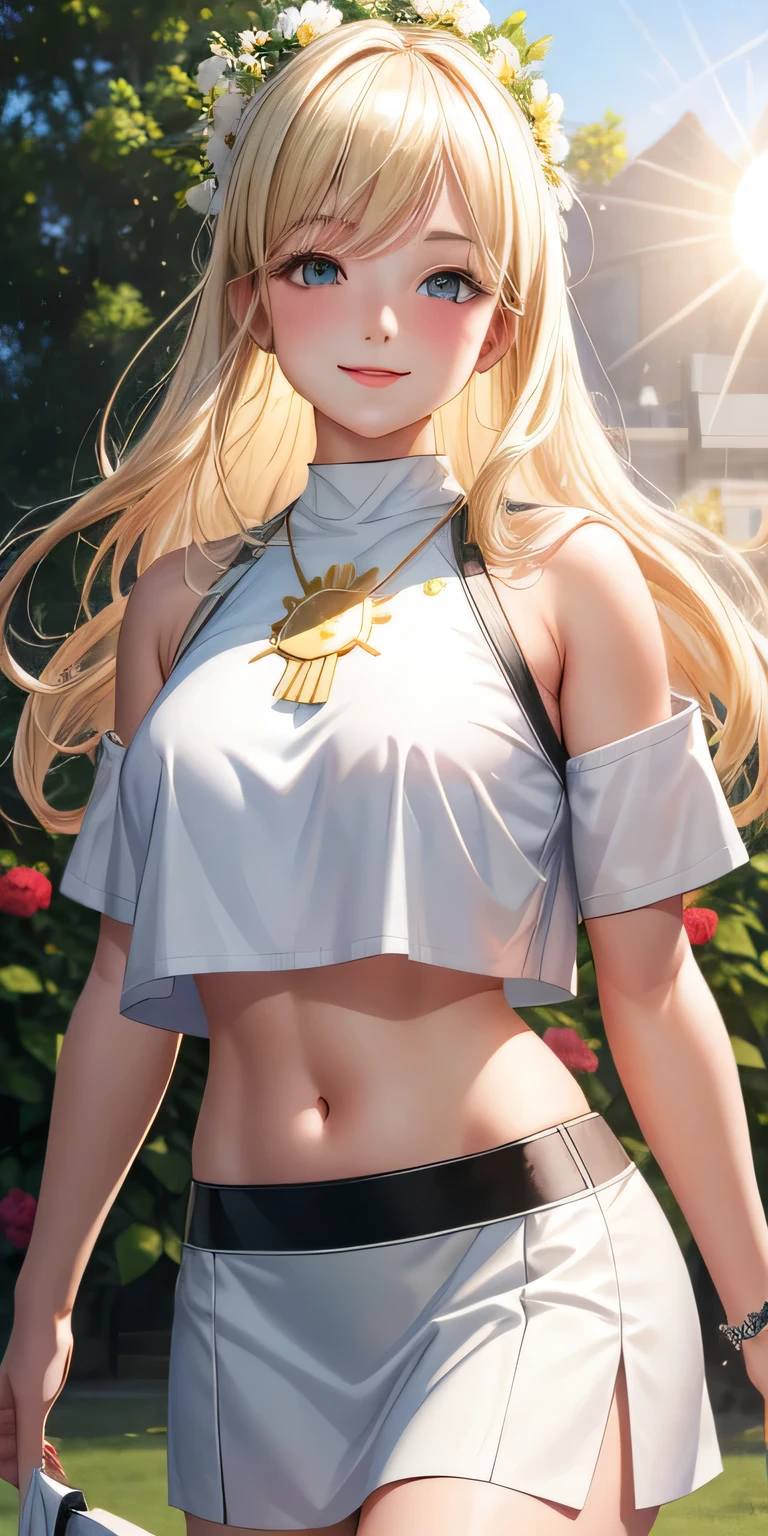 1 girl, blonde hair, black eye, shining eyes, white crop top, white mini skirt, smile､realistic, blush, night, flowers, sun, sunlight, masterpiece, 最high quality, high quality, High resolution