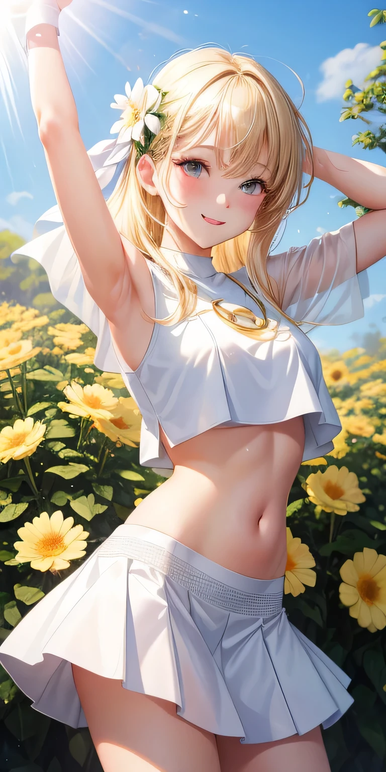 1 girl, blonde hair, black eye, shining eyes, white crop top, white mini skirt, smile、realistic, blush, night, flowers, sun, sunlight, masterpiece, 最high quality, high quality, High resolution