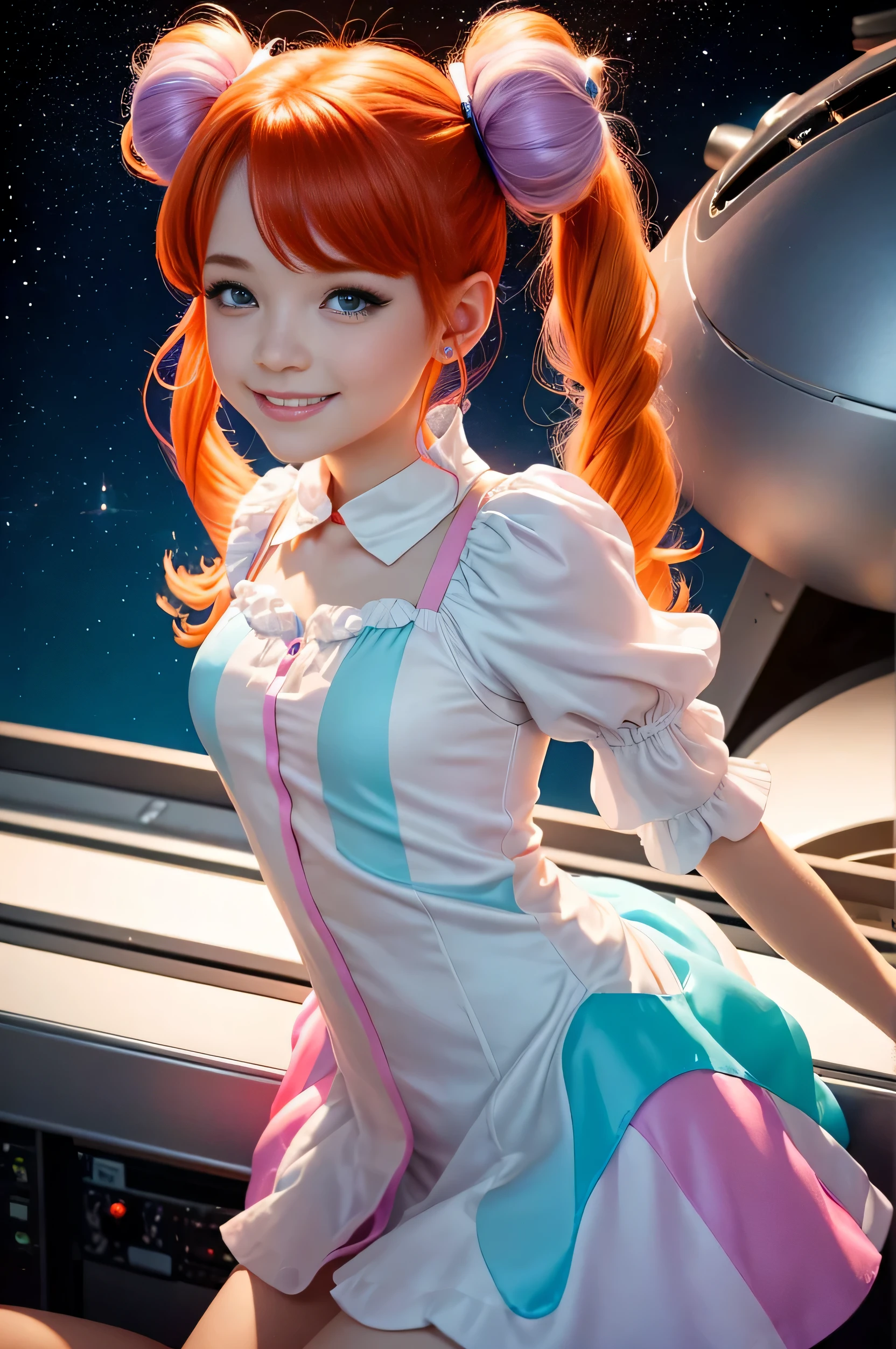(overhead view) Cute redhead with rainbow colored hair tips, ribbons in her hair, 18-year-old woman, happy, smiling, in twin tails, perfect eyes, clear sparkling blue eyes, pale skin, silky smooth skin, flying a fancy metal luxurious space ship, futuristic cockpit, she's a pilot, outer space seen in windows, dark warm lighting, wearing a futuristic party dress, pleated (chemise) mini dress (pastel rainbow colors, and polka dots), puffy sleeves, silk, pantyhose, cute short cut booties, boots.