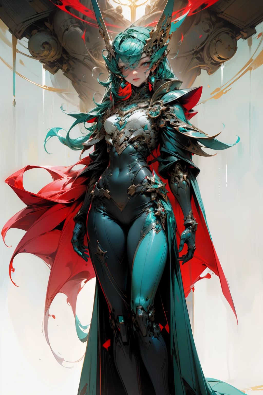 In the trending realm of ArtStation, an intriguing singular character captivates the imagination. A cyborg, clad in a glowing costume that radiates a futuristic allure, commands attention. The ensemble is akin to a spectral glowing cobra suite, adorned with teal accents that contrast strikingly against the deep-rooted red ruby embellishments. The cyborg's bare, open V-chest reveals the intricacies of its mechanical innards, which are bathed in a resplendent, vibrant white light. The overall color scheme is striking and innovative – a harmonious blend of teal, white, and blood red. Observe the
