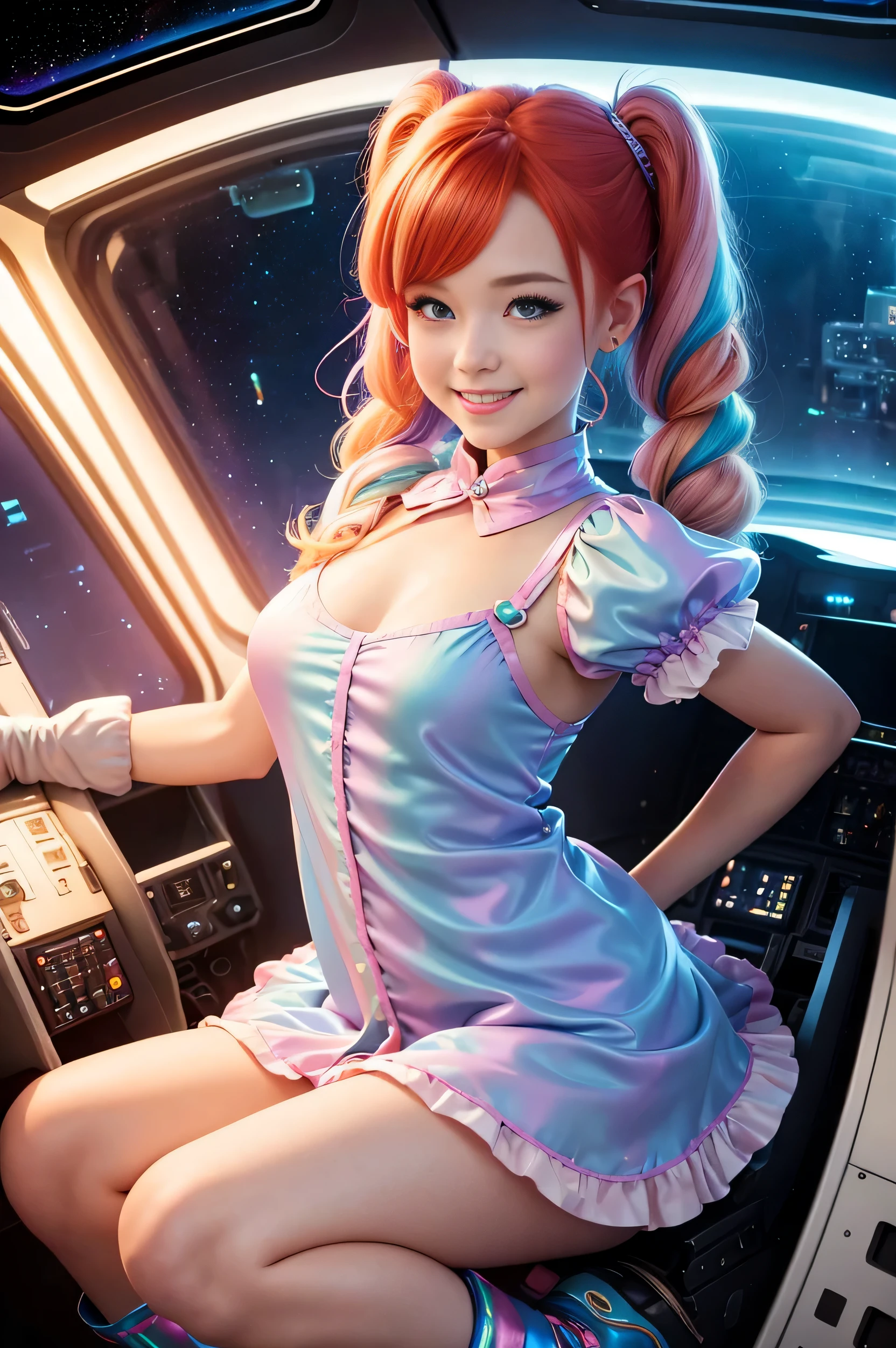 (overhead view) Cute redhead with rainbow colored hair tips, ribbons in her hair, 18-year-old woman, happy, smiling, in twin tails, perfect eyes, clear sparkling blue eyes, pale skin, silky smooth skin, flying a fancy metal luxurious space ship, futuristic cockpit, she's a pilot, outer space seen in windows, dark warm lighting, wearing a futuristic party dress, pleated (chemise) mini dress (pastel rainbow colors, and polka dots), puffy sleeves, silk, pantyhose, cute short cut booties, boots.