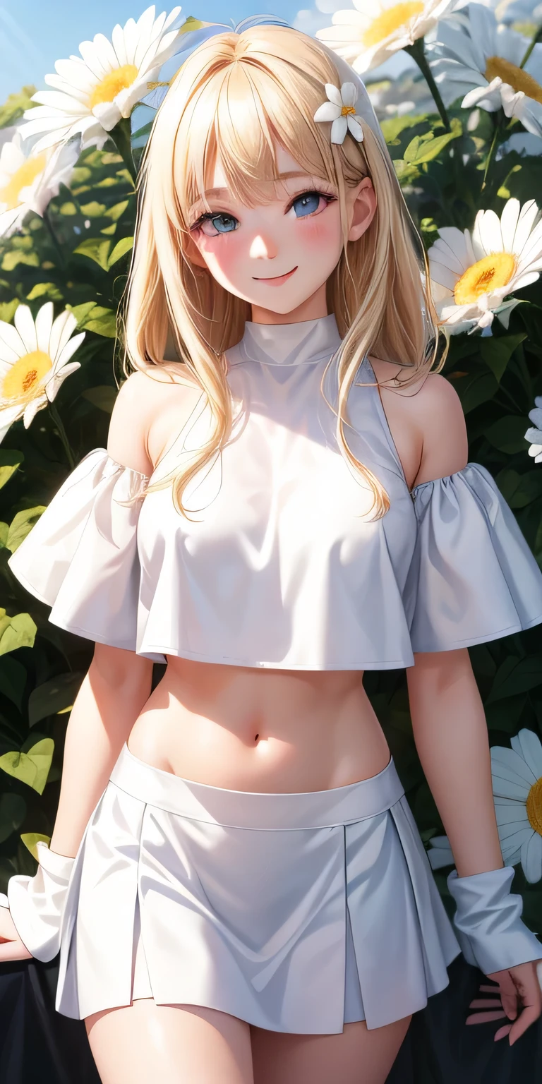 1 girl, blonde hair, black eye, shining eyes, white crop top, white mini skirt, smile、realistic, blush, night, flowers, sun, sunlight, masterpiece, 最high quality, high quality, High resolution