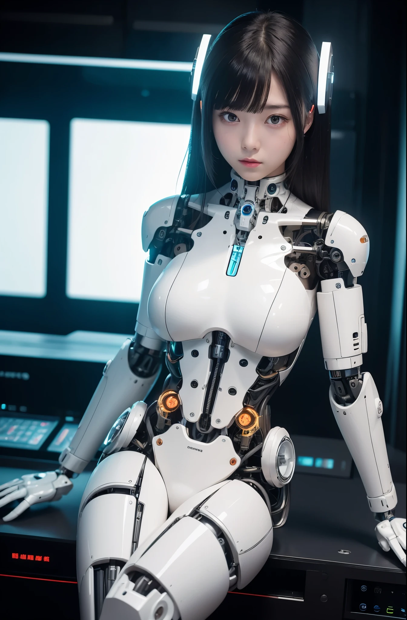 masutepiece, Best Quality, Extremely detailed,   8K portrait,1girl in, Japaese android girl,Plump , announcer,control panels,android,Droid,Mechanical Hand, ,Robot arms and legs, Black hair,Mechanical body,Blunt bangs,White Robotics Parts,perfect robot woman,Charging spot,Long Tube,A thick cable was connected to her neck,ceramic body ,Mechanical body, mechanical ear covers,android,robot humanoid,a bit chubby,panty,full eyes,perfect mechanical body,white robotics body,future laboratory,android factory,mechanical ear cover,white and aqua uniform,costume with aqua accents,